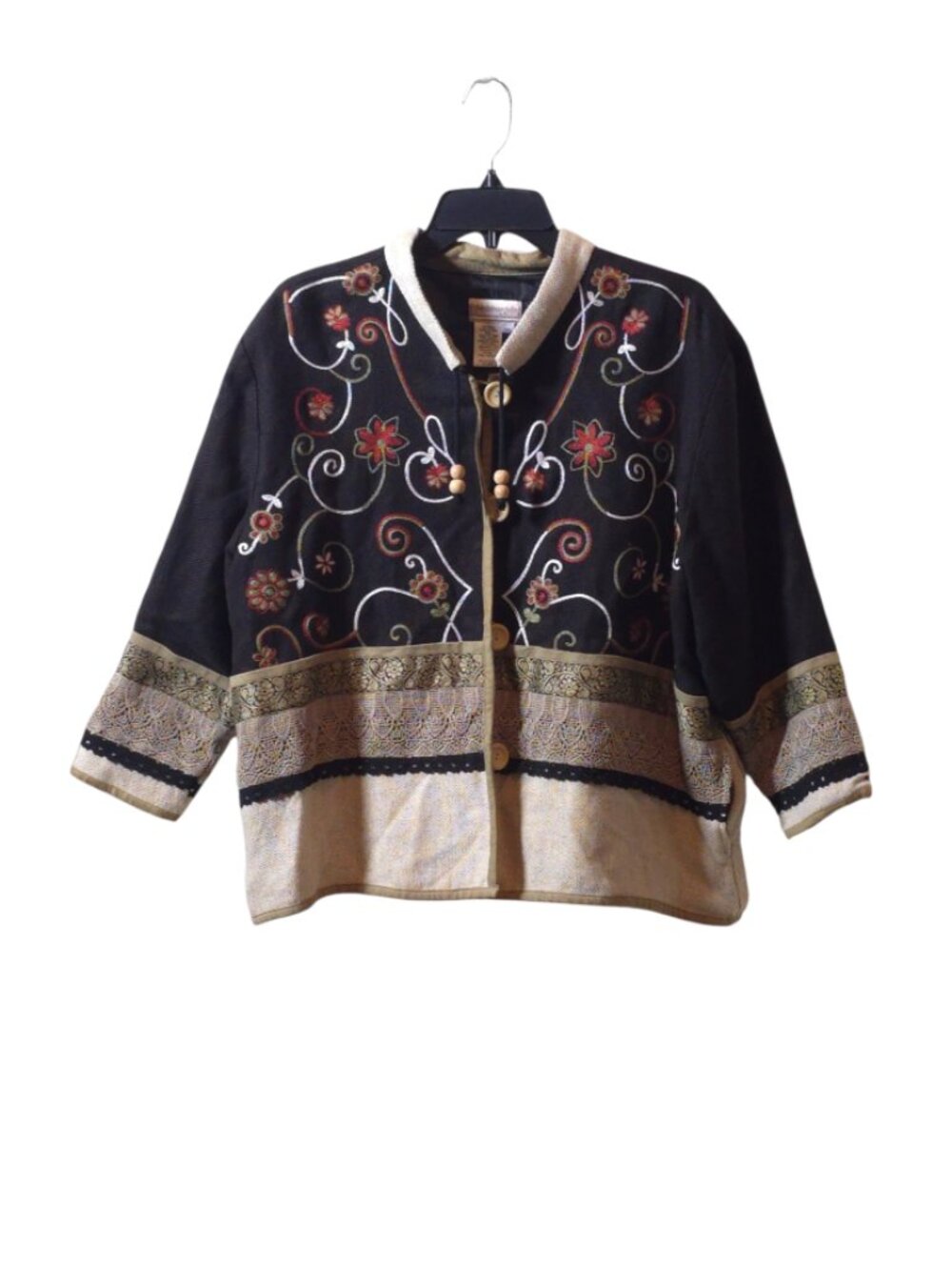 Coldwater Creek PXL Embroidered Linen Blend Jacket Black Beige Boho Artsy Lined